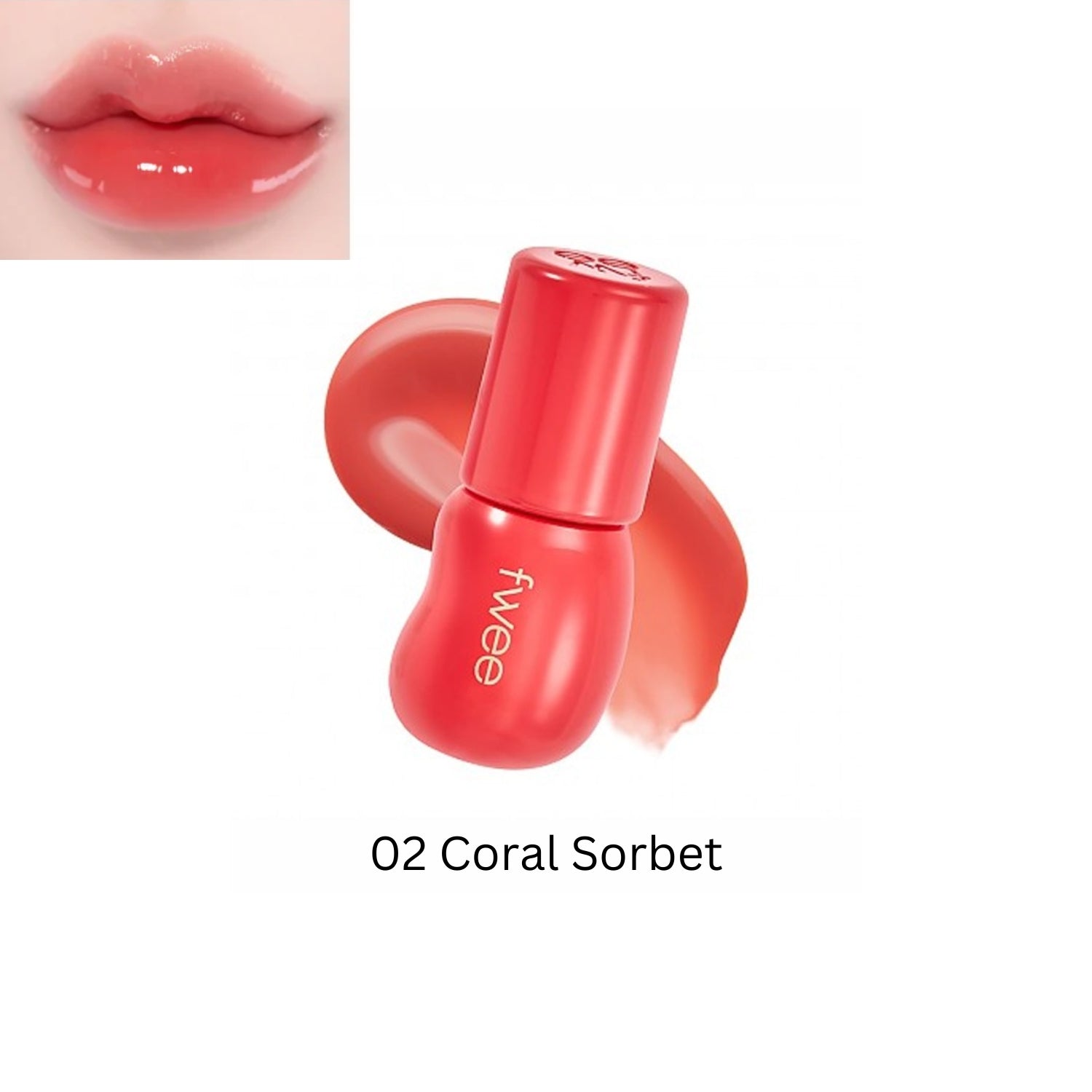 Fwee 3D Voluming Gloss 70% in Coral Sorbet showing a sleek tube with vibrant coral lip gloss inside.