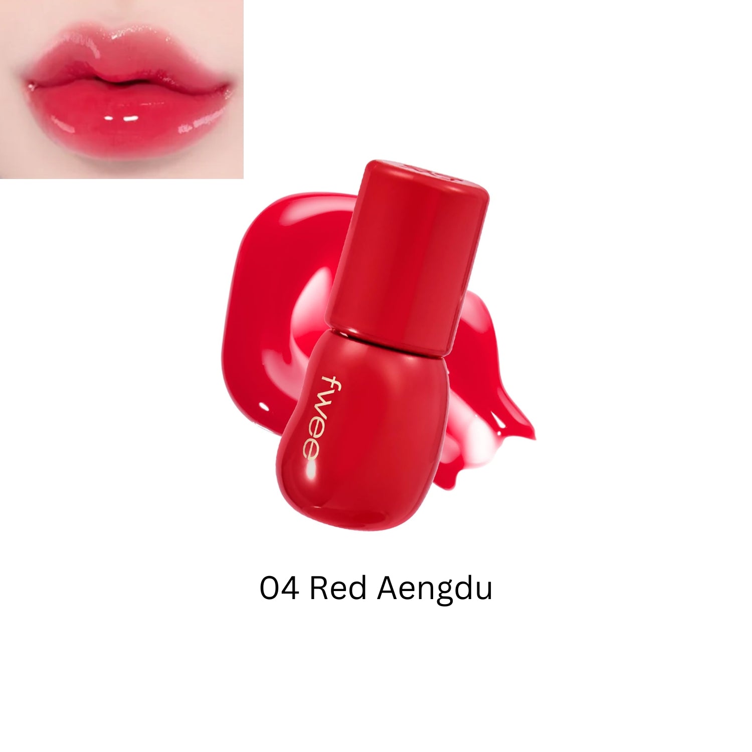 Fwee 3D Voluming Gloss 70% lip gloss in vibrant red, showing a glossy, shiny finish on smooth lips.