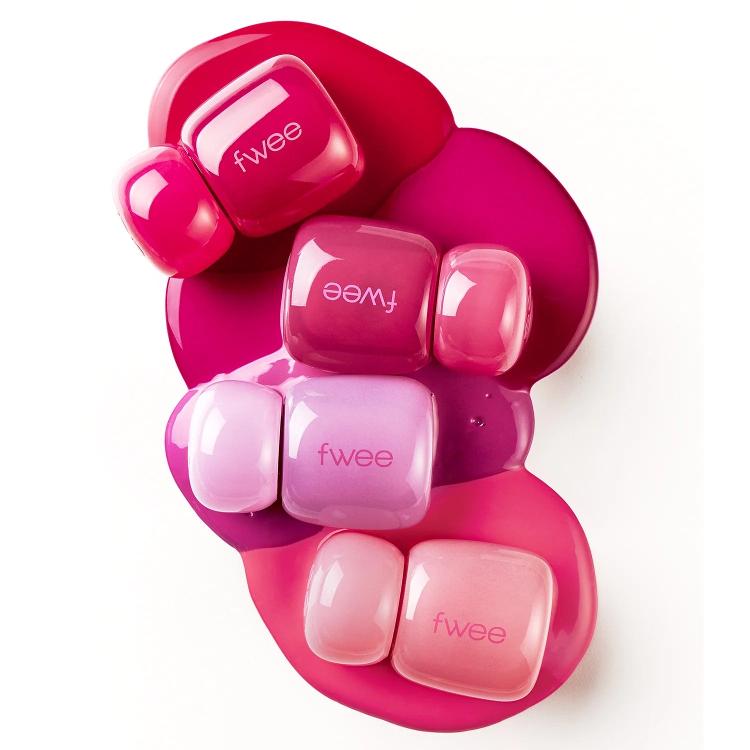 Fwee Pink Obsession Stay-Fit Lip Tint in 7 vibrant colors, showcasing smooth, glossy lips with a natural pink hue.