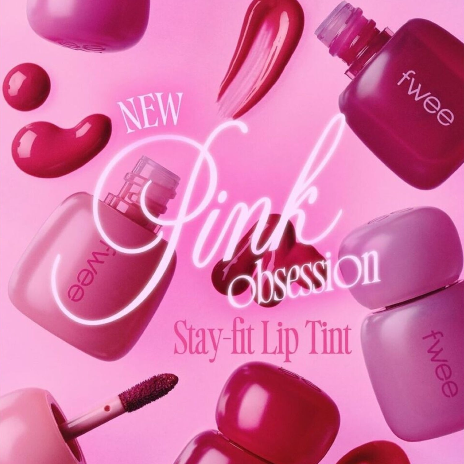 Fwee Pink Obsession Stay-Fit Lip Tint in 7 shades, close-up of a lip tint tube with vibrant pink color and sleek packaging.
