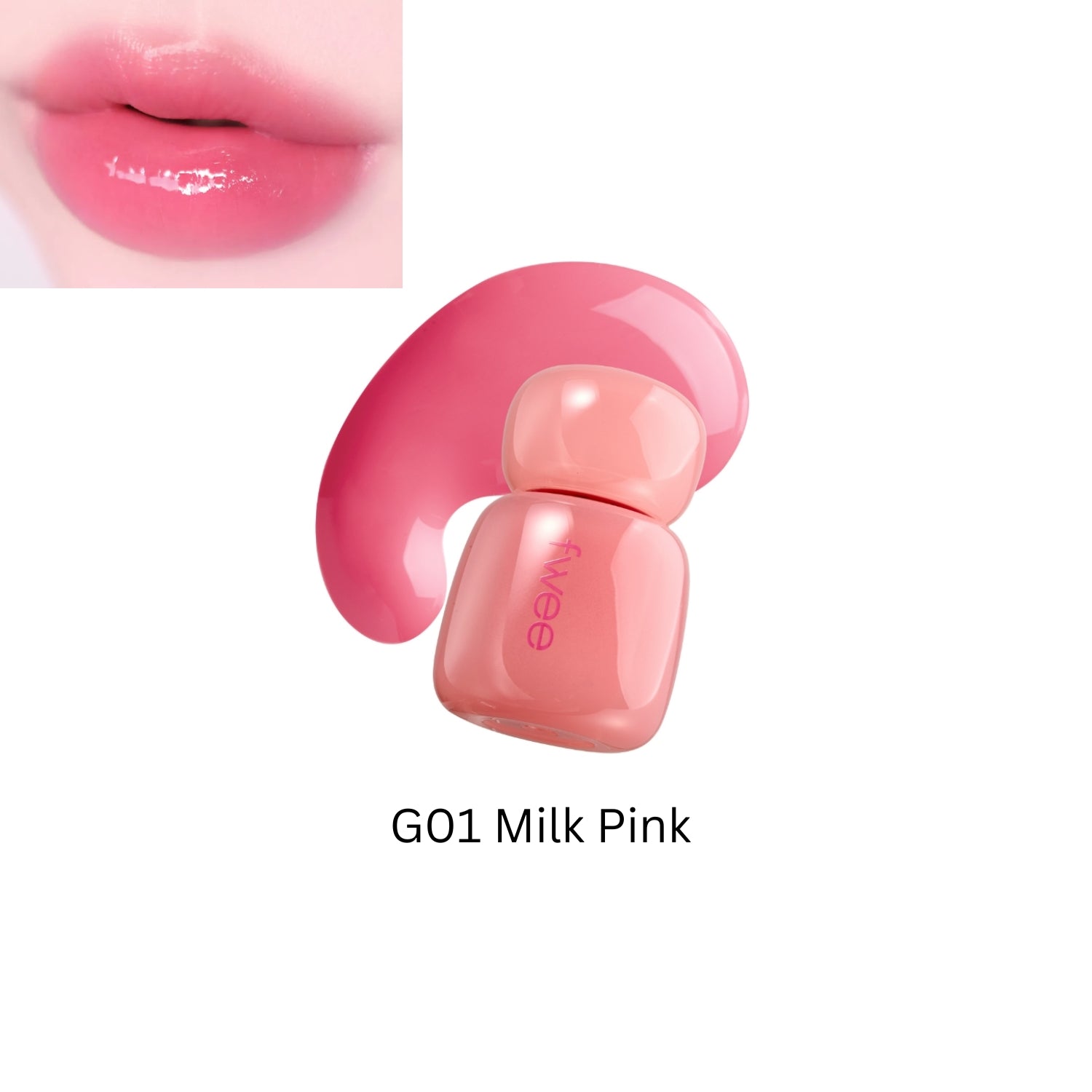 Fwee Pink Obsession Stay-Fit Lip Tint in Milk Pink, smooth applicator showing vibrant, moisturizing lip tint with a glossy finish.