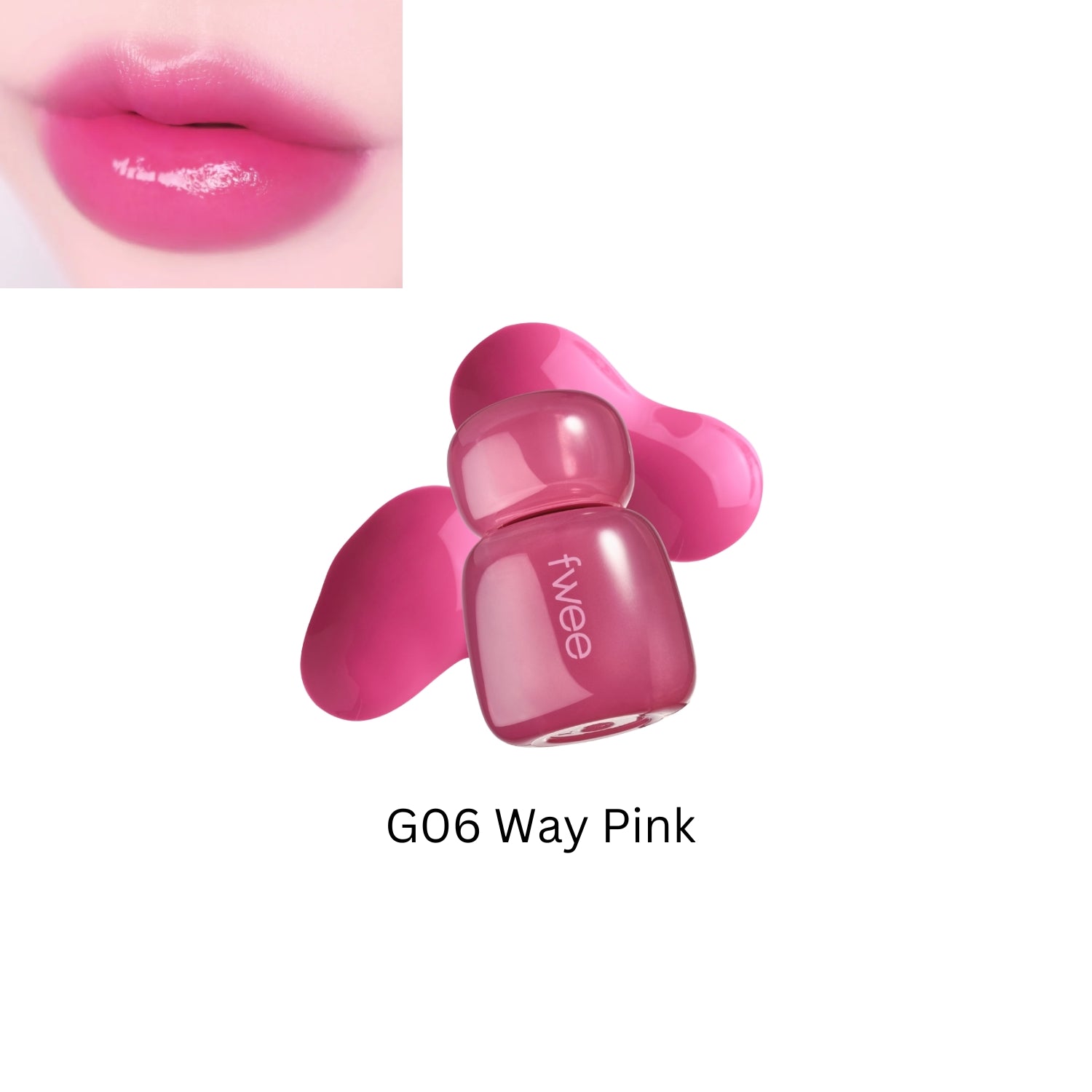 Fwee Pink Obsession Stay-Fit Lip Tint in shade G06 Way Pink, featuring a close-up of the rosy pink lip tint tube.