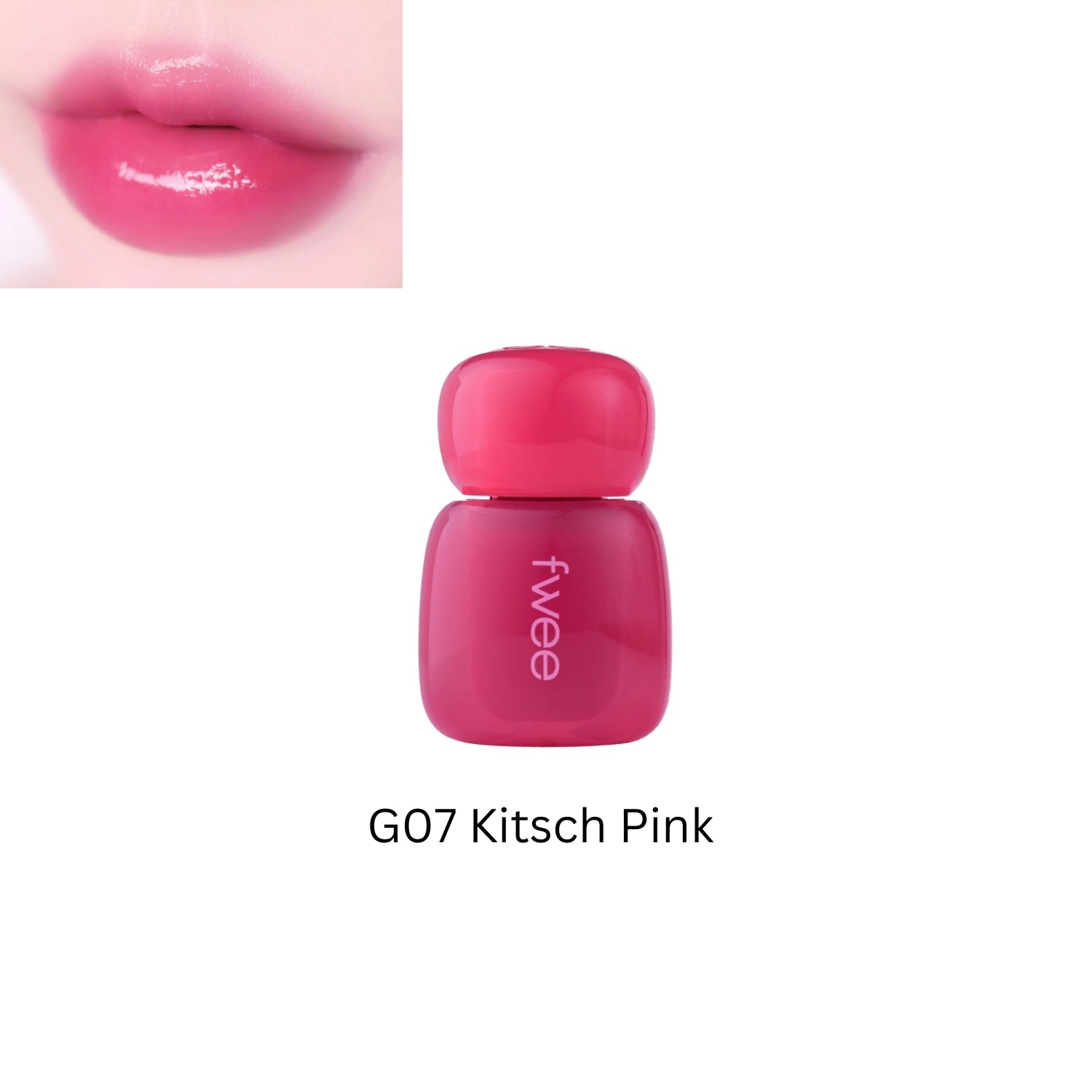 Fwee Pink Obsession Stay-Fit Lip Tint in Kitsch Pink, showcasing a vibrant pink lip tint on a model's lips.