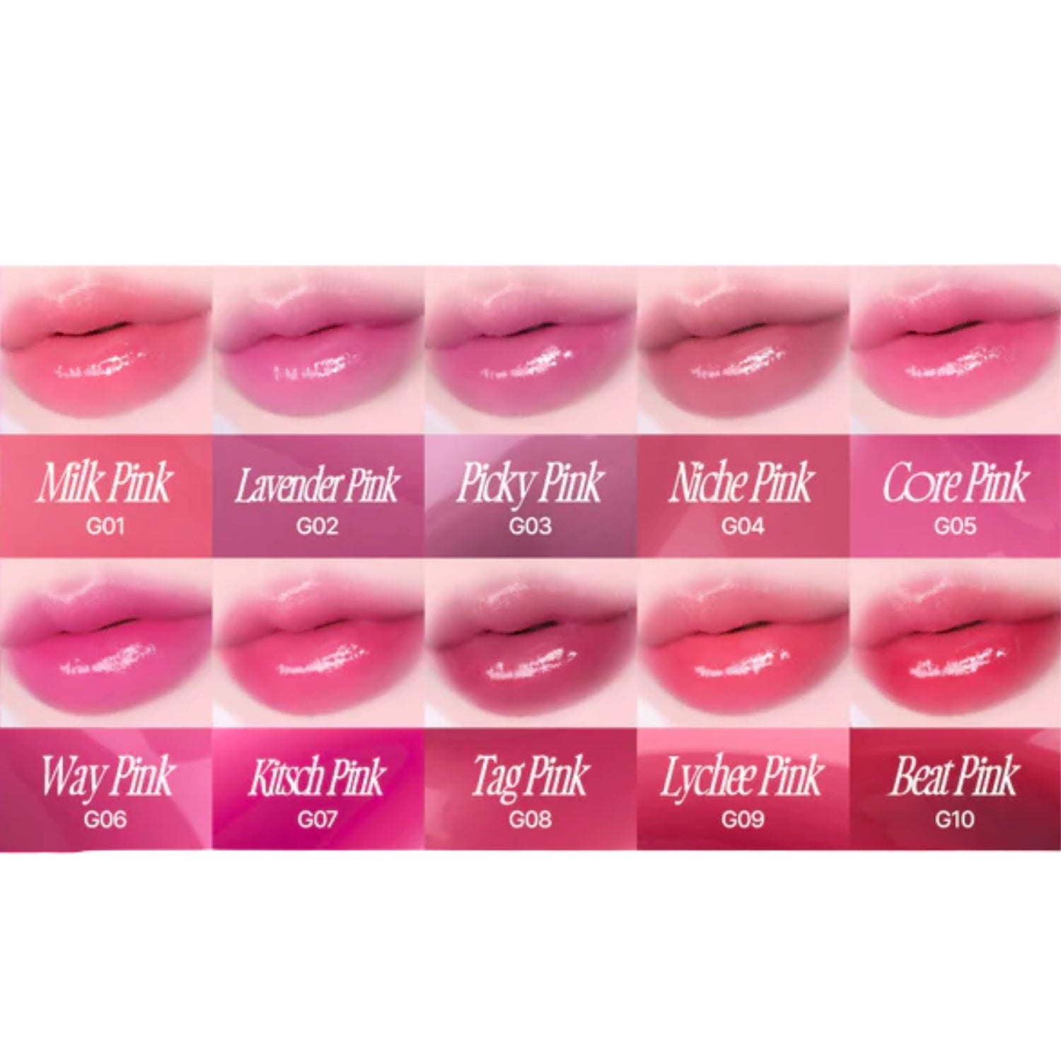Fwee Pink Obsession Stay-Fit Lip Tint in various shades, showcasing vibrant pink lipstick on natural lips.