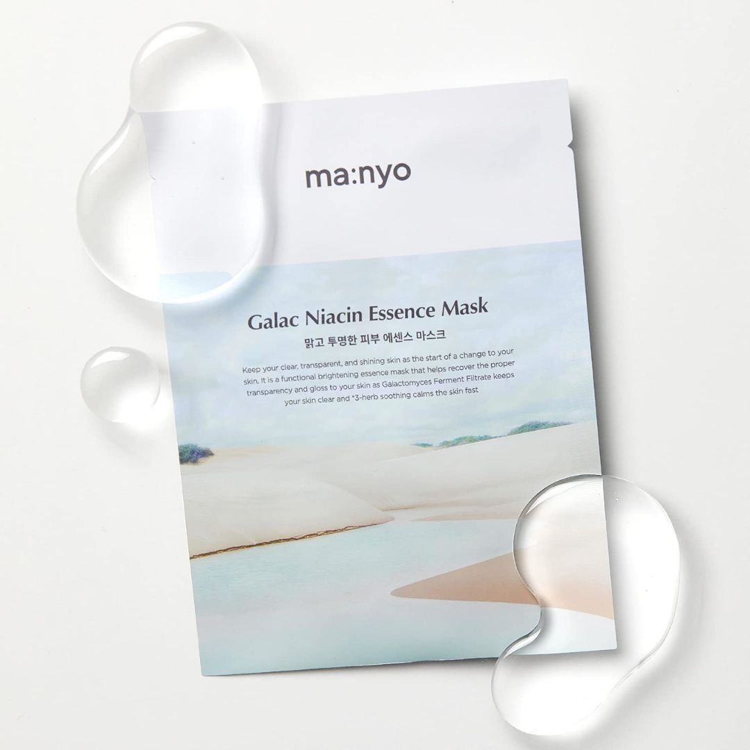Ma:nyo Galac Niacin Essence Mask sheet with nourishing serum and soft fabric for glowing skin.