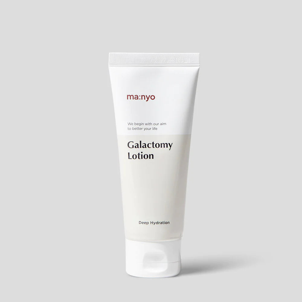 Ma:nyo Galactomy Moisture Lotion 100ml face moisturizer bottle with clear label and white pump top, designed for hydrating skin.
