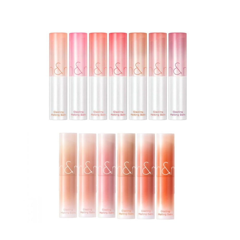 Rom&nd Glasting Melting Balm lipstick in 12 vibrant colors, showing a close-up of the smooth, glossy balm on the lips.