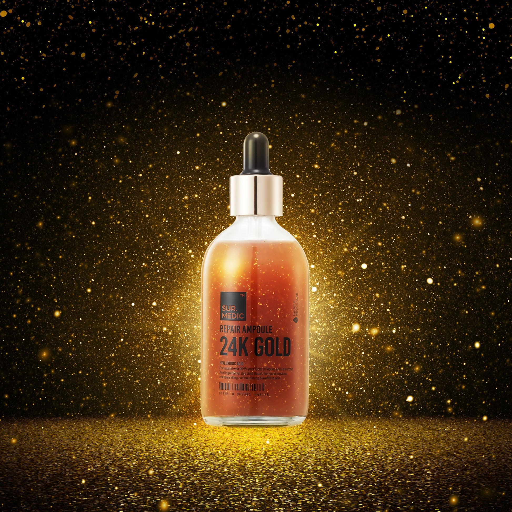 NEOGEN Sur.Medic+ Gold Repair Ampoule 100ml in a clear glass bottle with a gold cap, showing the luxurious packaging.