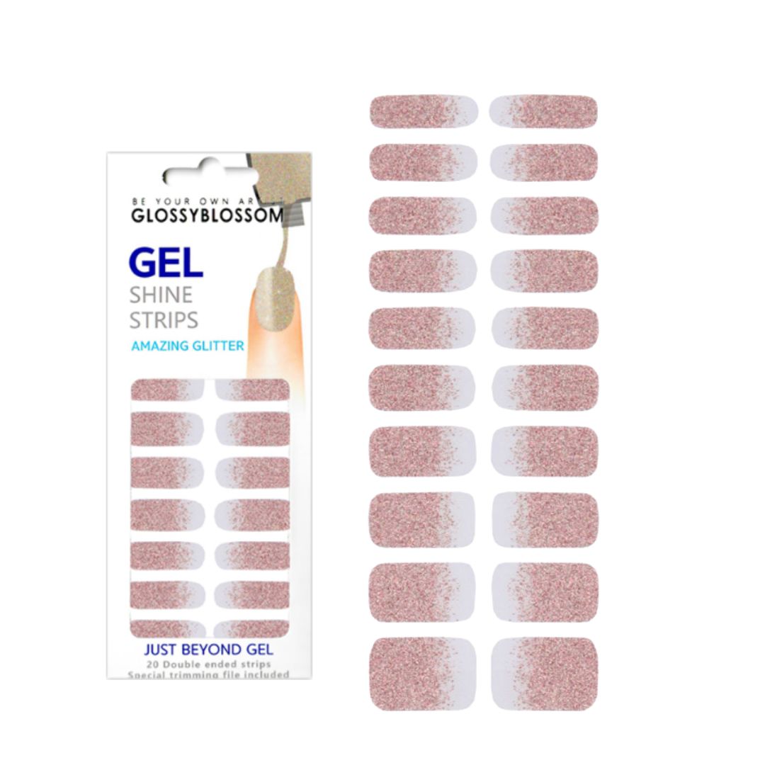 Glossy Blossom gel nail strips with gold and pink gradient glitter design on neatly manicured nails.