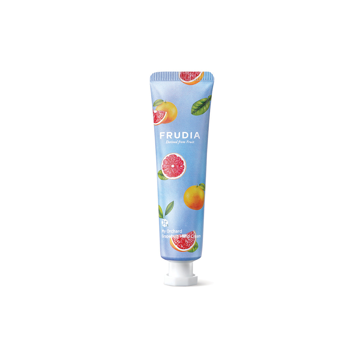 Frudia My Orchard Hand Cream tube with grapefruit extract, showcasing a vibrant orange design and fresh citrus imagery.
