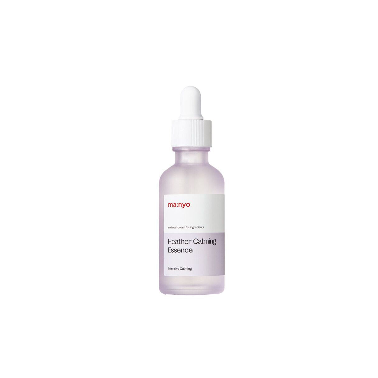 Ma:nyo Heather Calming Essence 50ml bottle, featuring soothing floral ingredients in a clear glass container.