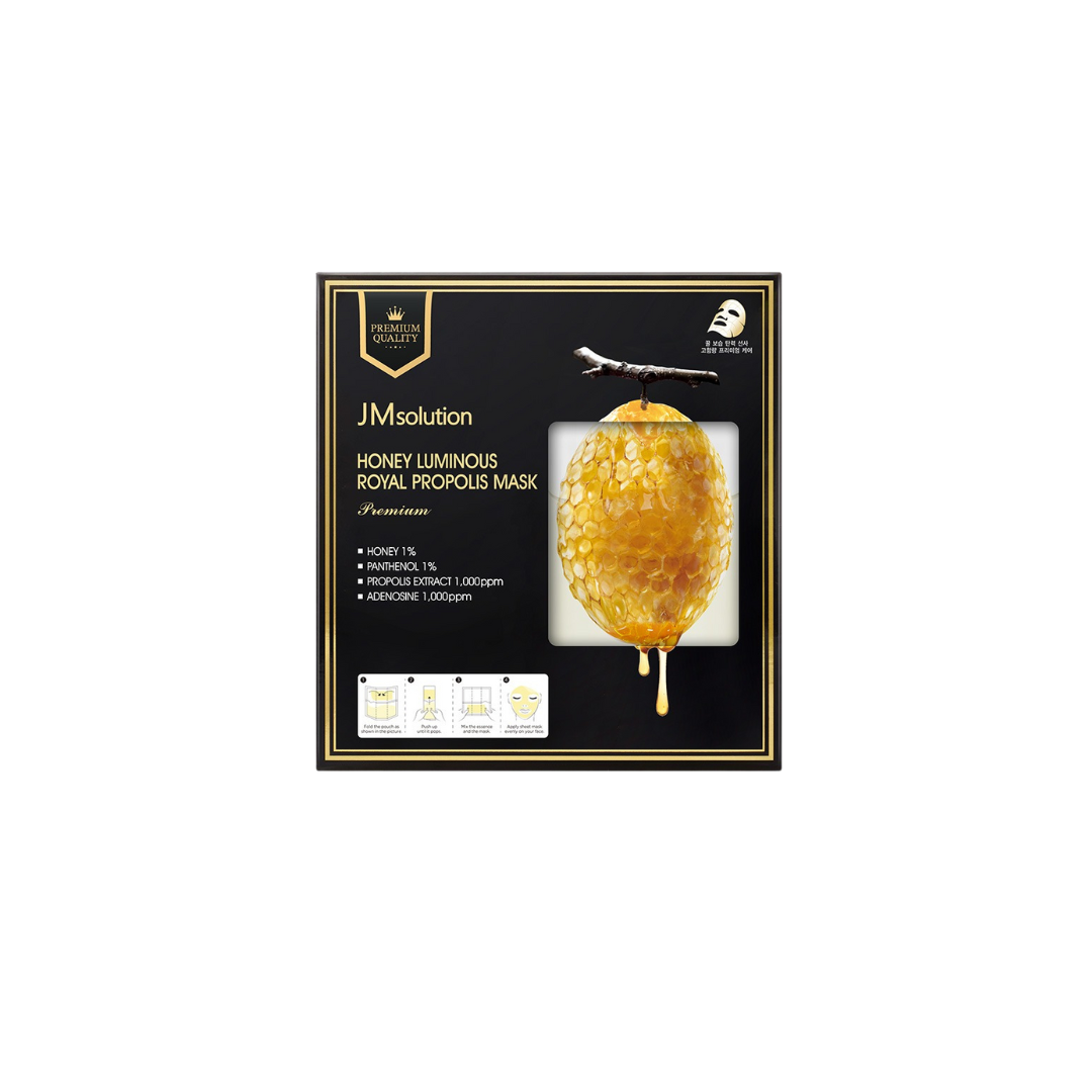 JMsolution Honey Luminous Royal Propolis sheet mask box with five luxurious masks for radiant skin.