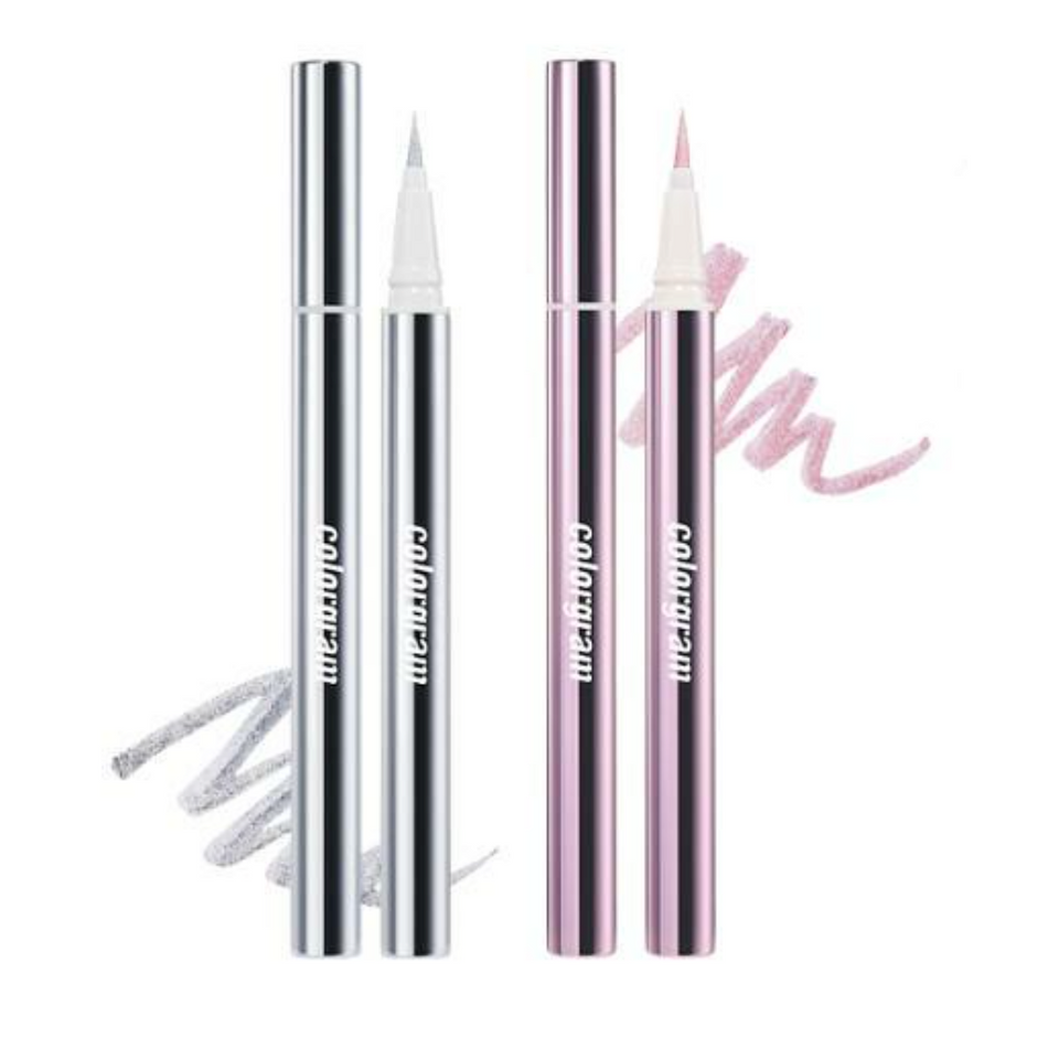 Colorgram Milk Bling Glitter Liquid Eyeliner in a shimmering silver shade with a precise applicator brush.