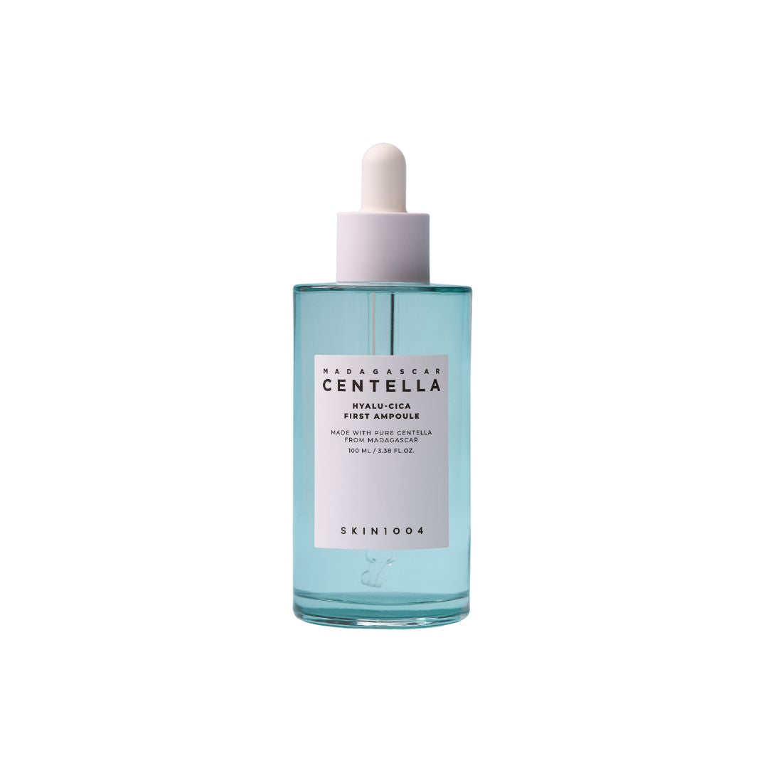 SKIN1004 Madagascar Centella Hyalu-Cica first ampoule in a 100ml bottle, featuring a clear liquid with soothing ingredients.