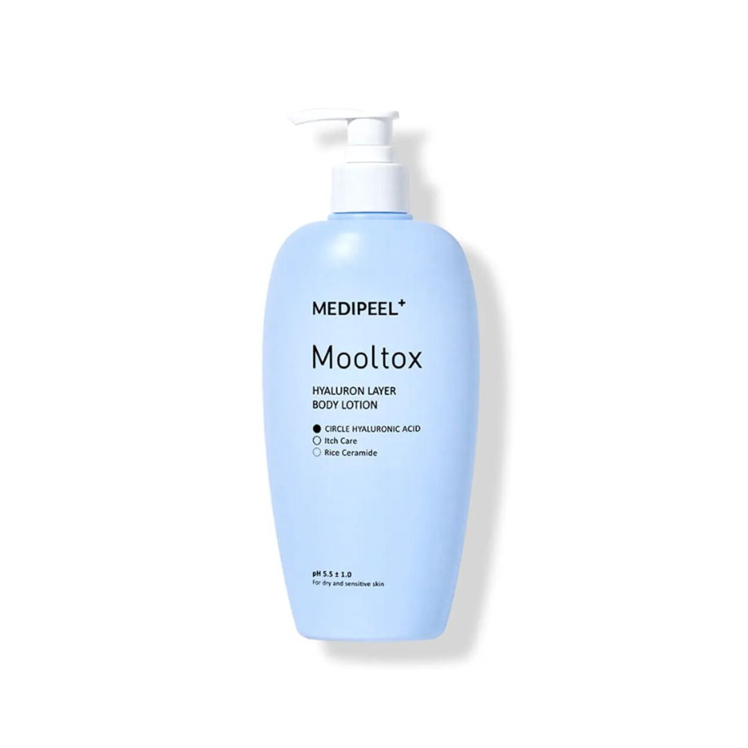 MEDIPEEL+ Hyaluronic Acid Layer Mooltox Body Lotion 400ml bottle, smooth and hydrating body lotion with hyaluronic acid for skin moisture