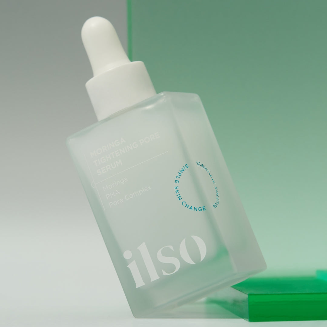 Ilo Moringa Tightening Pore Serum in a 30ml bottle, featuring a sleek design and clear labeling on the front.