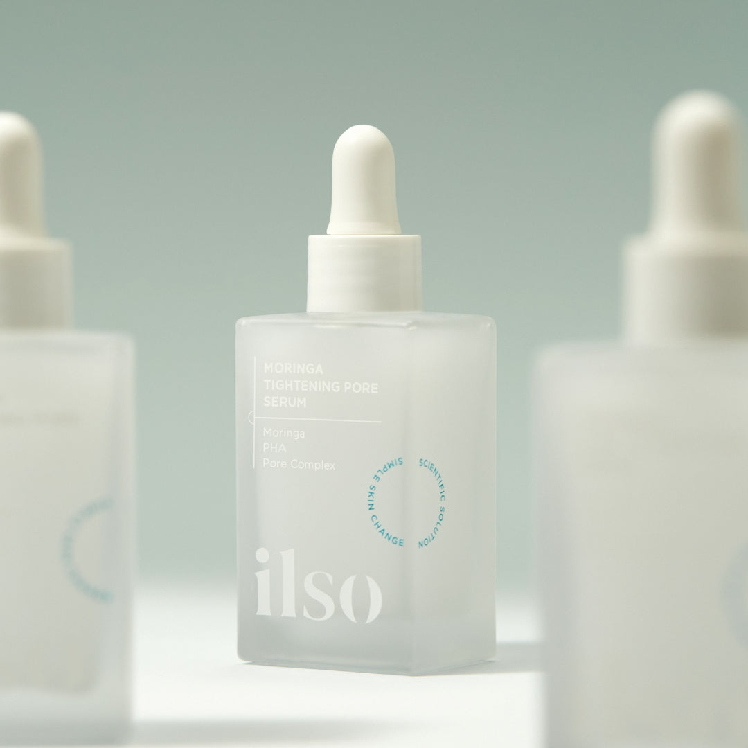 ILSO Moringa Tightening Pore Serum 30ml bottle with dropper, displayed on a neutral background.