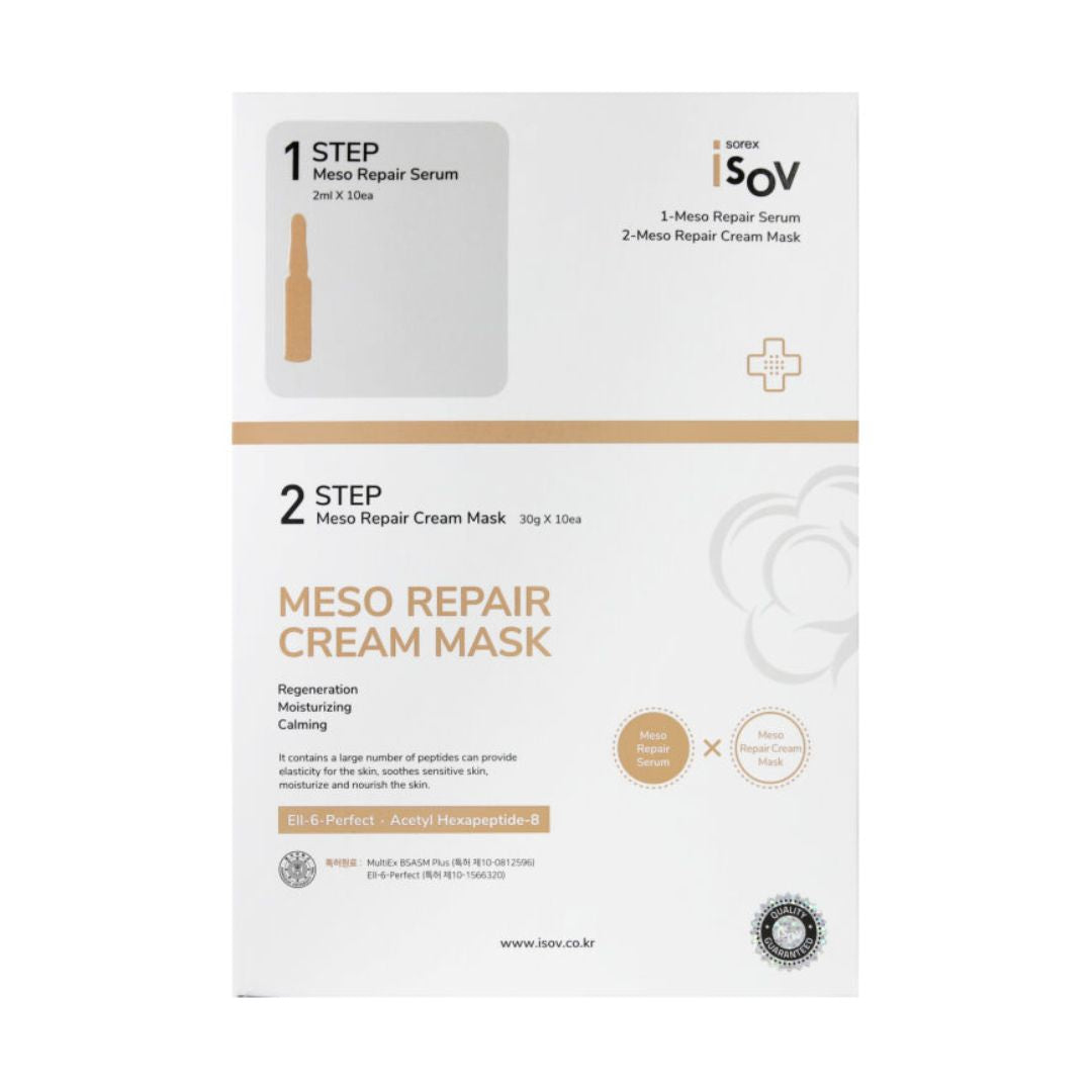 ISOV 2-step Meso Repair Cream Mask sheet with cream and serum in a dual-compartment package for skin rejuvenation.