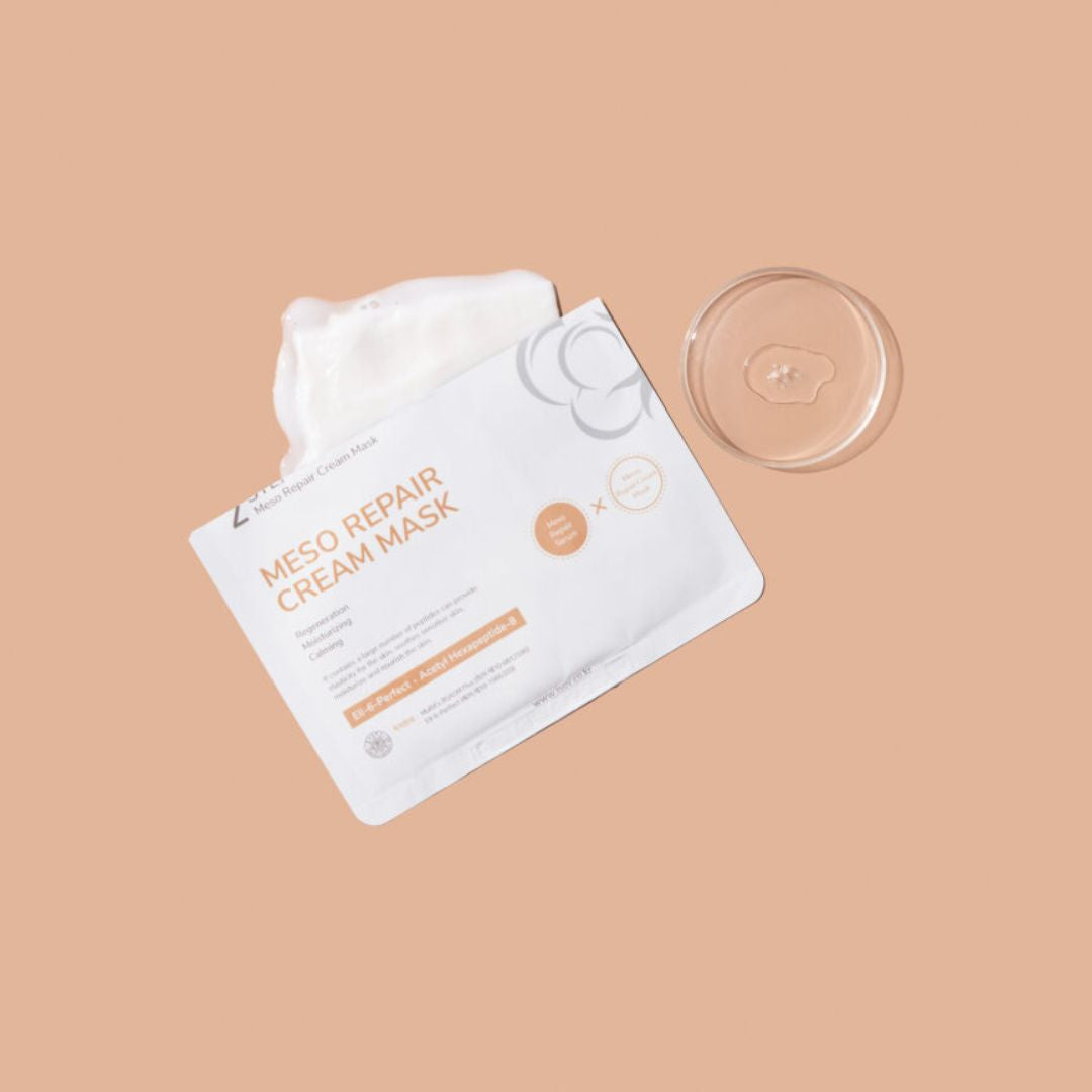 ISOV 2-Step Meso Repair Cream Mask sheet with 2g and 30g sections, featuring a soothing skincare treatment in a sheet mask format.