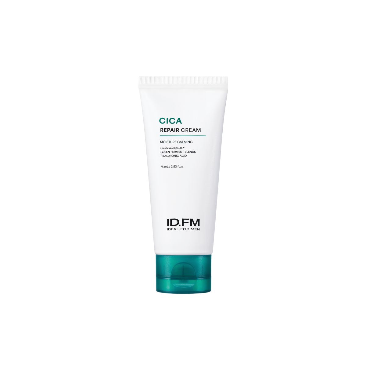 Ideal For Men Cica Repair Cream face moisturizer tube with white and green design, showing the product label and cap.