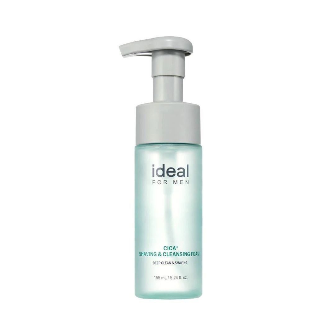 Cica Plus Shaving and Cleansing Foam gel for men, showing the white foam and sleek tube packaging in a close-up shot.