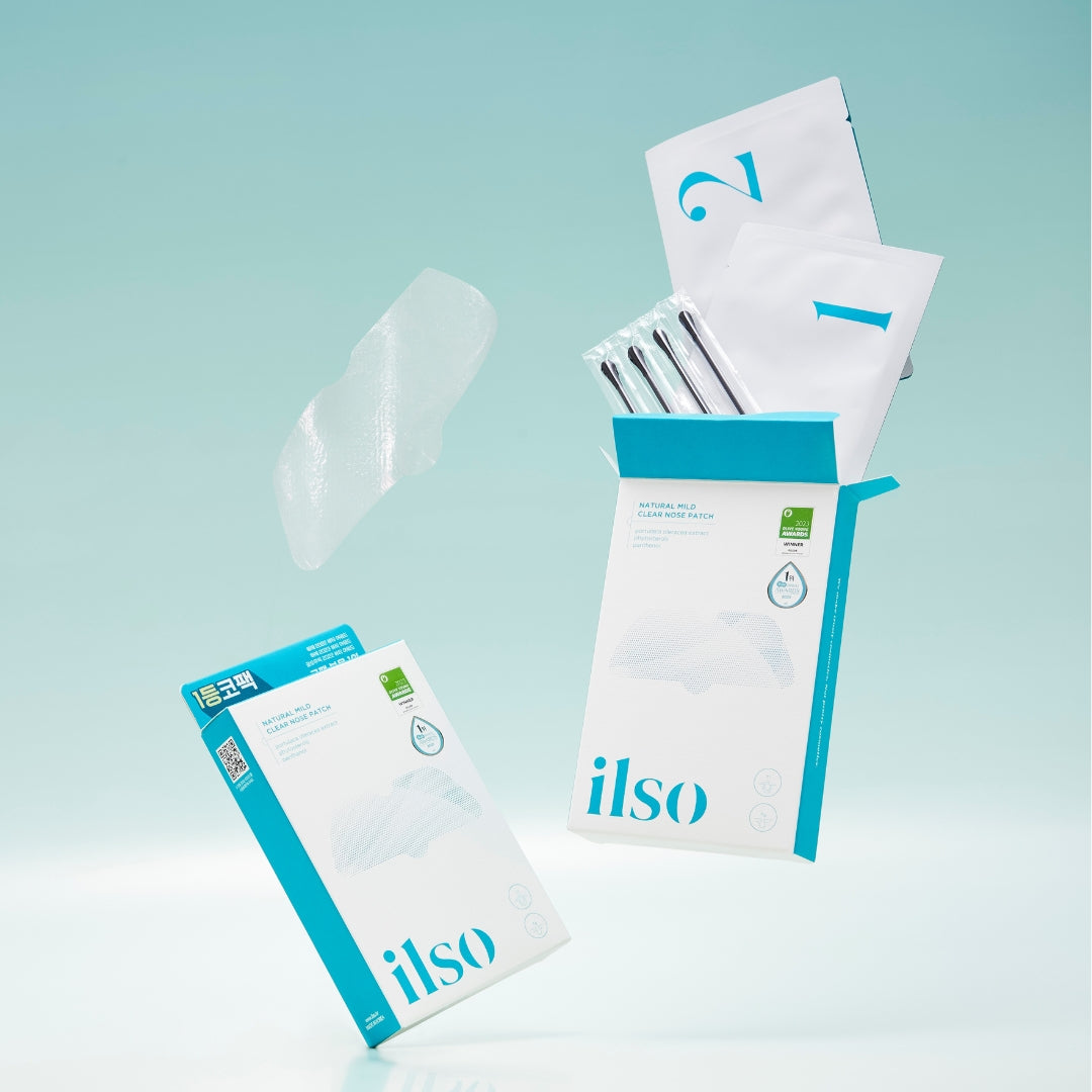 Ilso Natural Mild Clear Nose Patch set showing transparent spot patches for pore and blackhead treatment on nose skin.