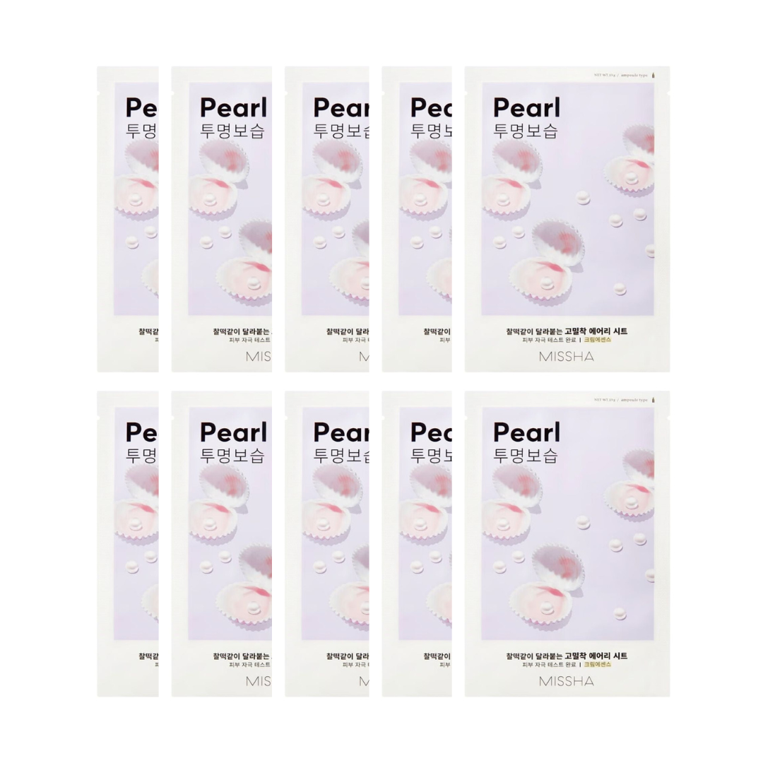 Missha Airy Fit Sheet Mask Pearl bundle with 10 hydrating facial masks, featuring a lightweight, breathable sheet design.