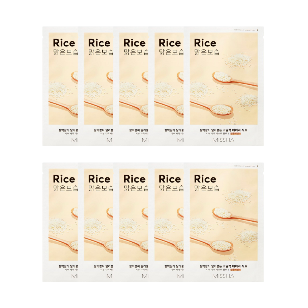 Missha Airy Fit Sheet Mask with rice extract in a 10-piece bundle, showing individual masks laid out in a natural setting.