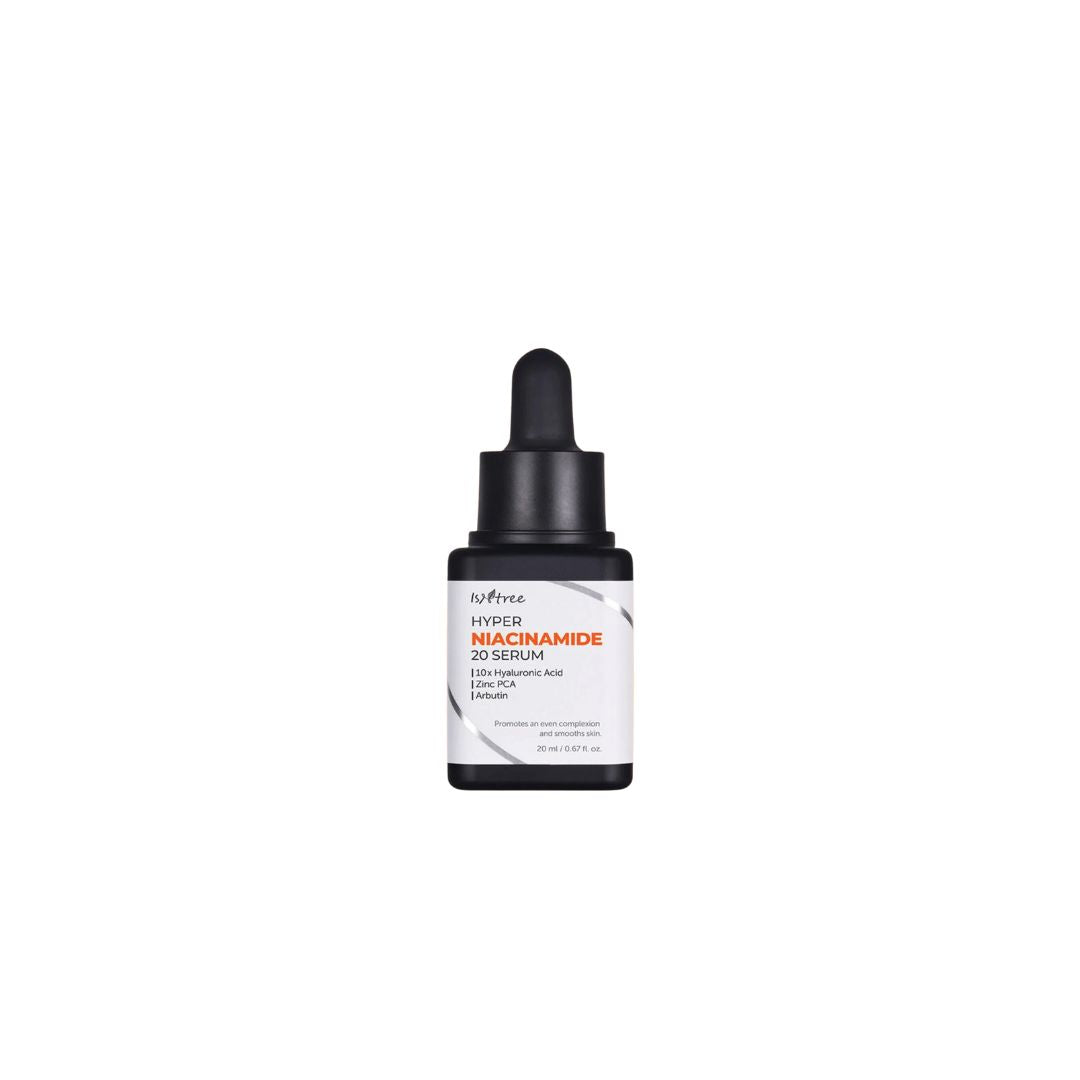 Isntree Niacinamide 20 Serum bottle with clear label, 20ml size, and dropper applicator for brightening and skin tone improvement.