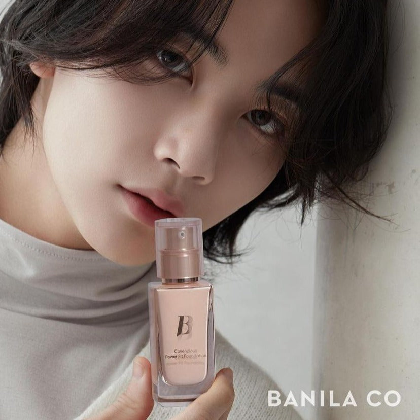 Banila Co Covericious Power Fit Foundation in 30ml liquid form, featuring a sleek bottle with a pump dispenser.