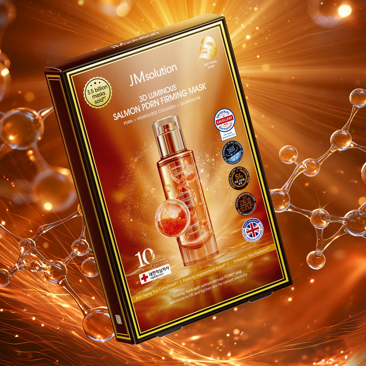 JMsolution 3D Luminous Salmon PDRN sheet mask pack with five moisturizing and firming facial masks.