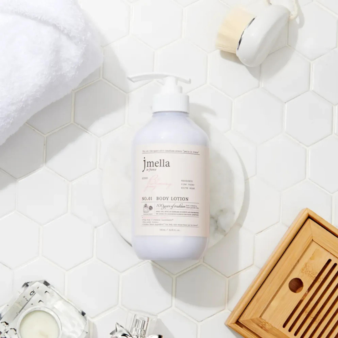 Jmella France Blooming Peony Body Lotion bottle, 500ml, with floral label and elegant packaging, on a white background.