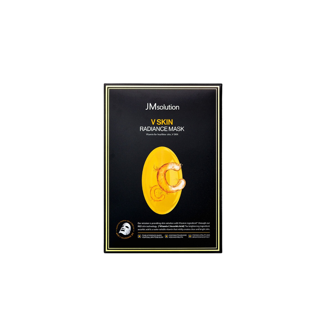 Box of 10 JMsolution V Skin Radiance Sheet Masks with brightening and hydrating skincare ingredients.