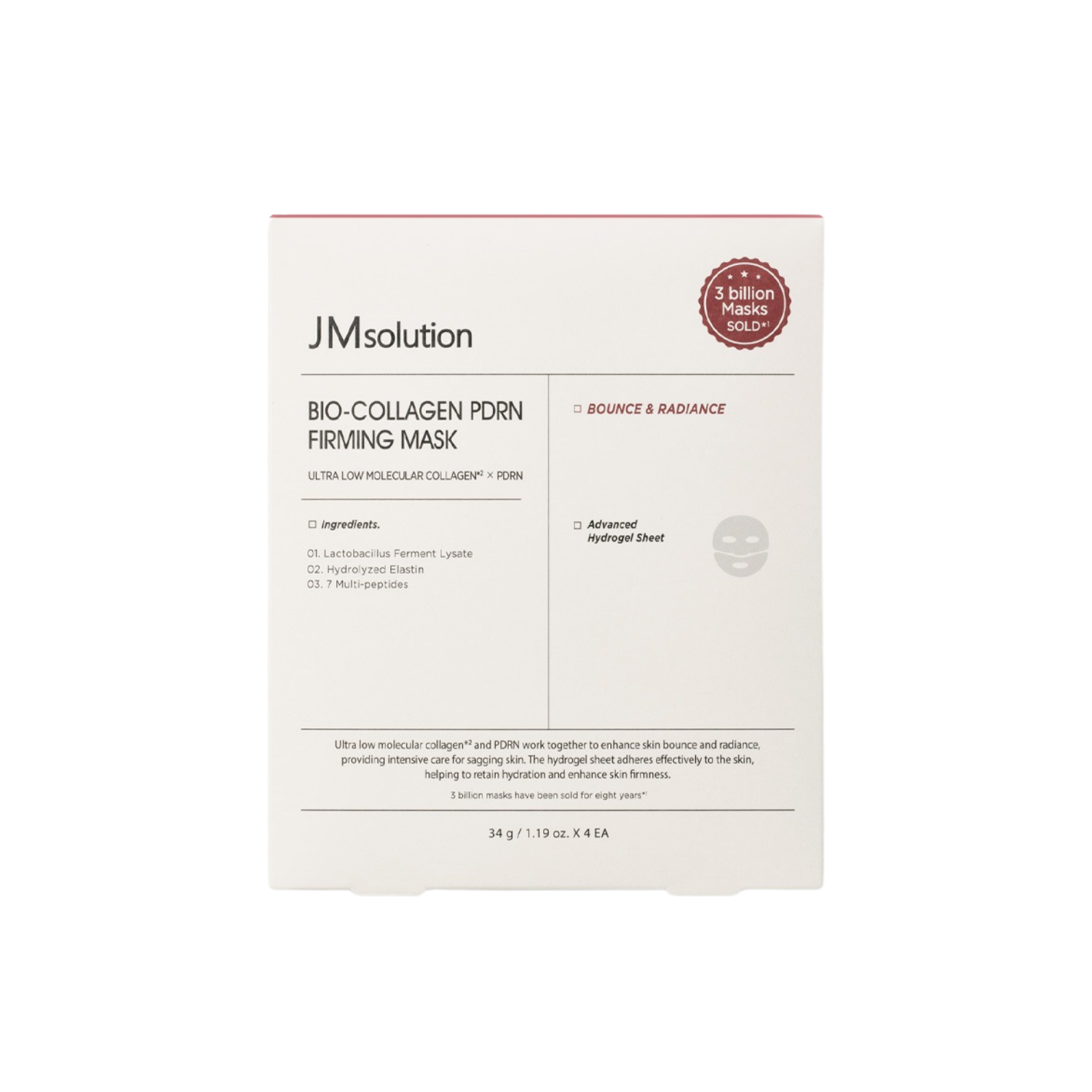 Four JMsolution Bio-Collagen PDRN Firming Sheet Masks in individual packaging, designed for skin firming and hydration.