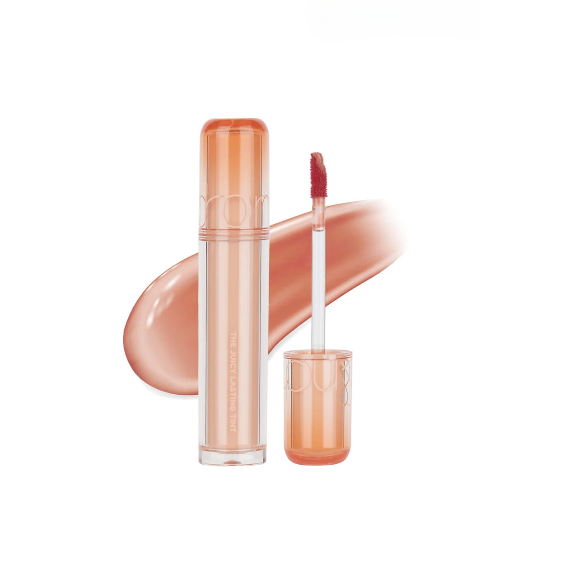 Rom&nd Juicy Lasting Tint lip tint in a sleek tube with applicator, showing vibrant color and smooth finish.
