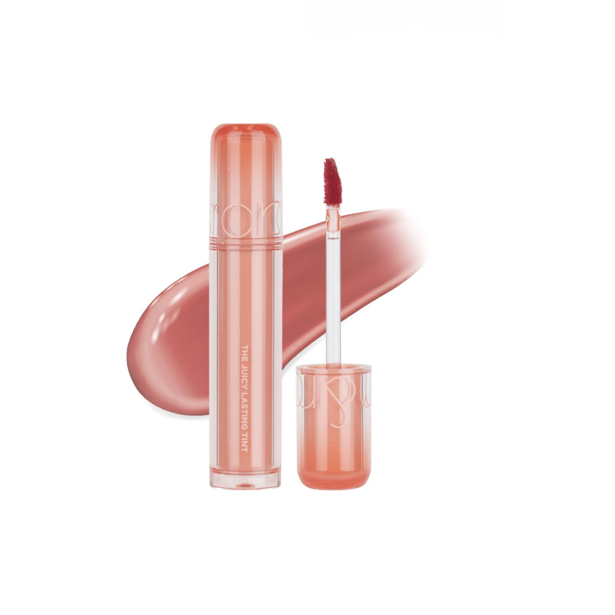 Rom&nd Juicy Lasting Tint lip tint in a sleek tube, showcasing its vibrant color and smooth application.