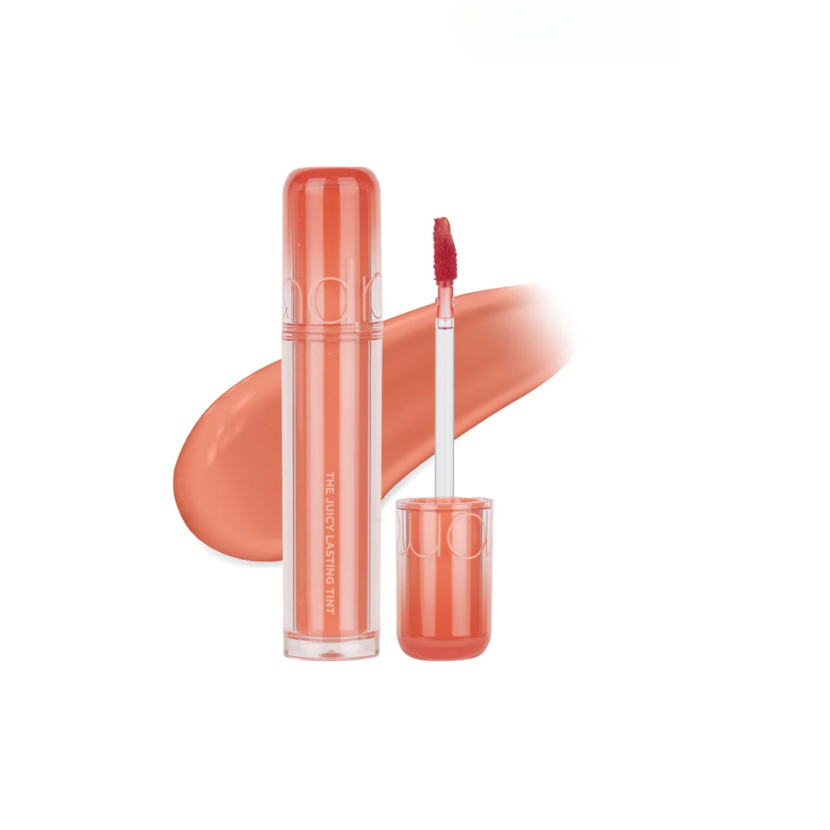 Rom&nd Juicy Lasting Tint lip tint in a natural shade, featuring a sleek tube and applicator for vibrant, long-lasting color.