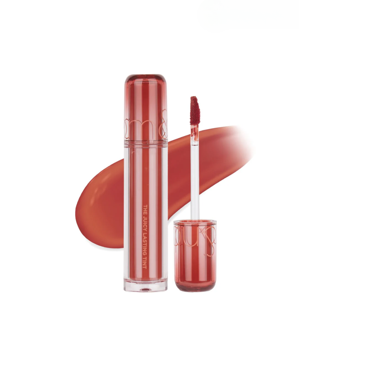 Rom&nd Juicy Lasting Tint lip tint in a vibrant shade displayed on a sleek tube with applicator brush.