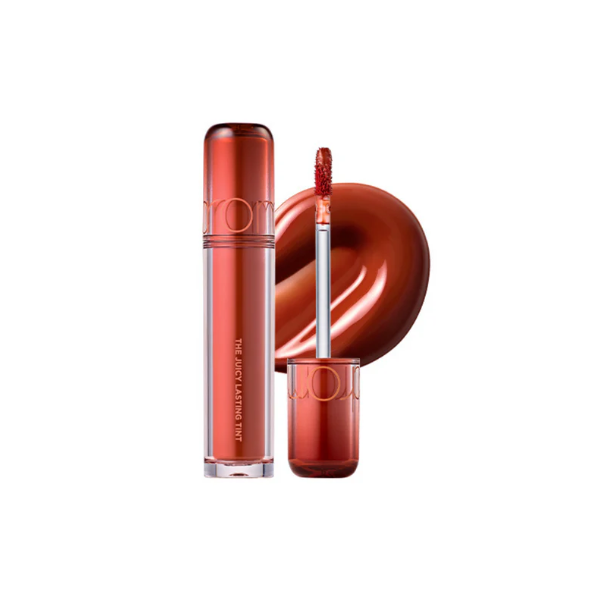 Rom&nd Juicy Lasting Lip Tint in vibrant shade, showcasing smooth, glossy lips with a natural tint finish.