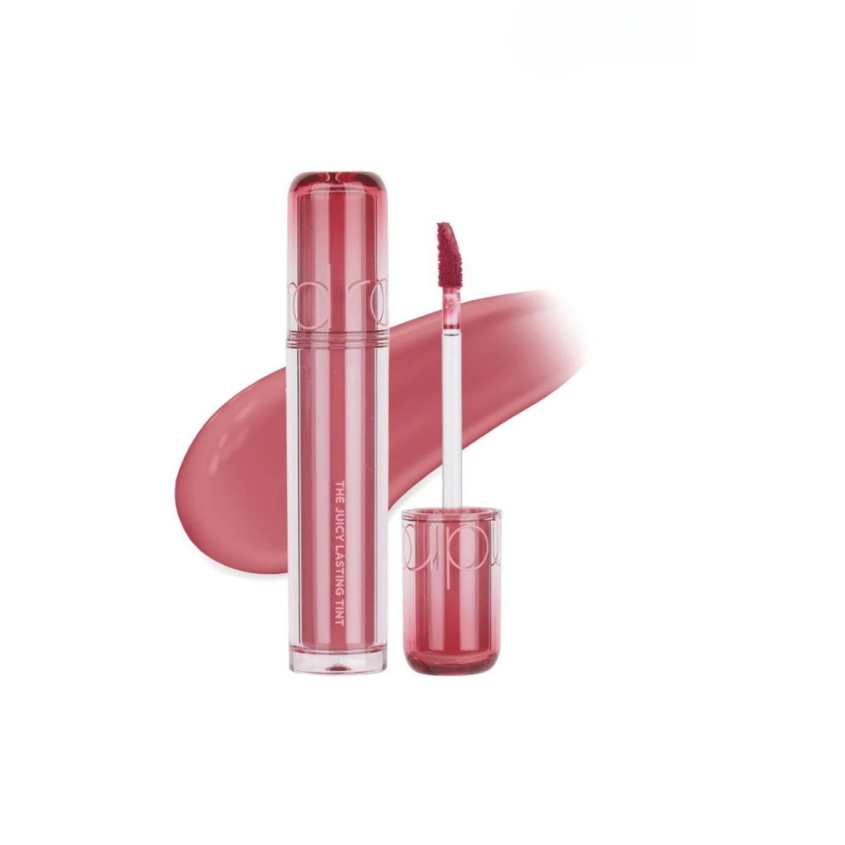 Rom&nd Juicy Lasting Tint lip tint in vibrant shade, showing the product tube and applicator with a close-up of the tinted lips.