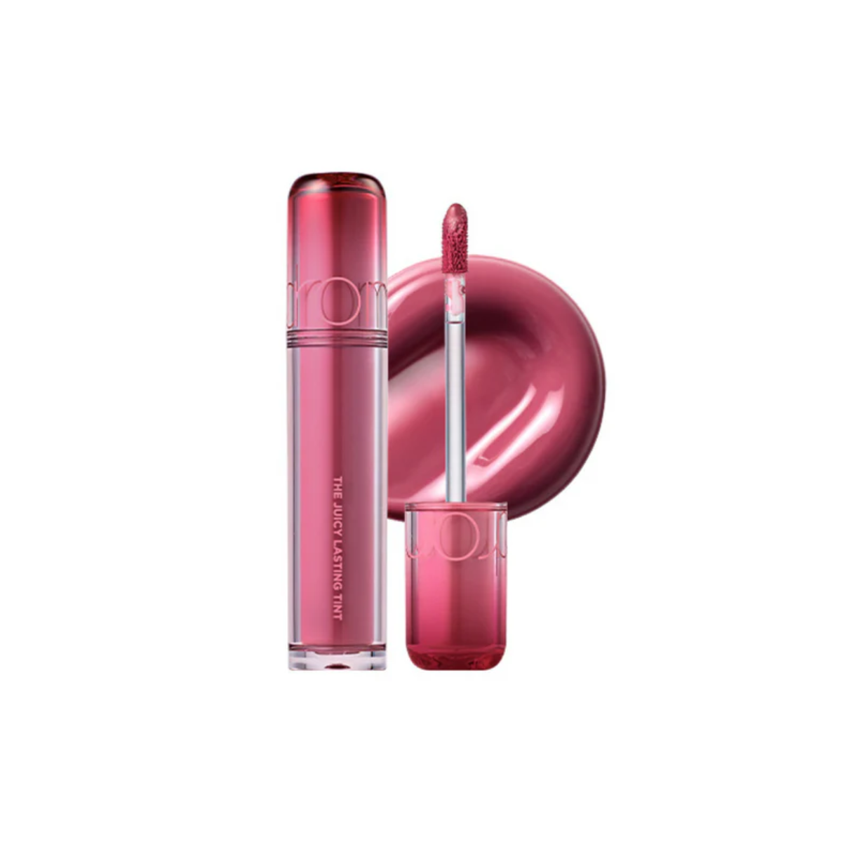 Rom&nd Juicy Lasting Tint lip tint in vibrant shade, showing the sleek bottle and applicator with a swatch of the tint on a hand.