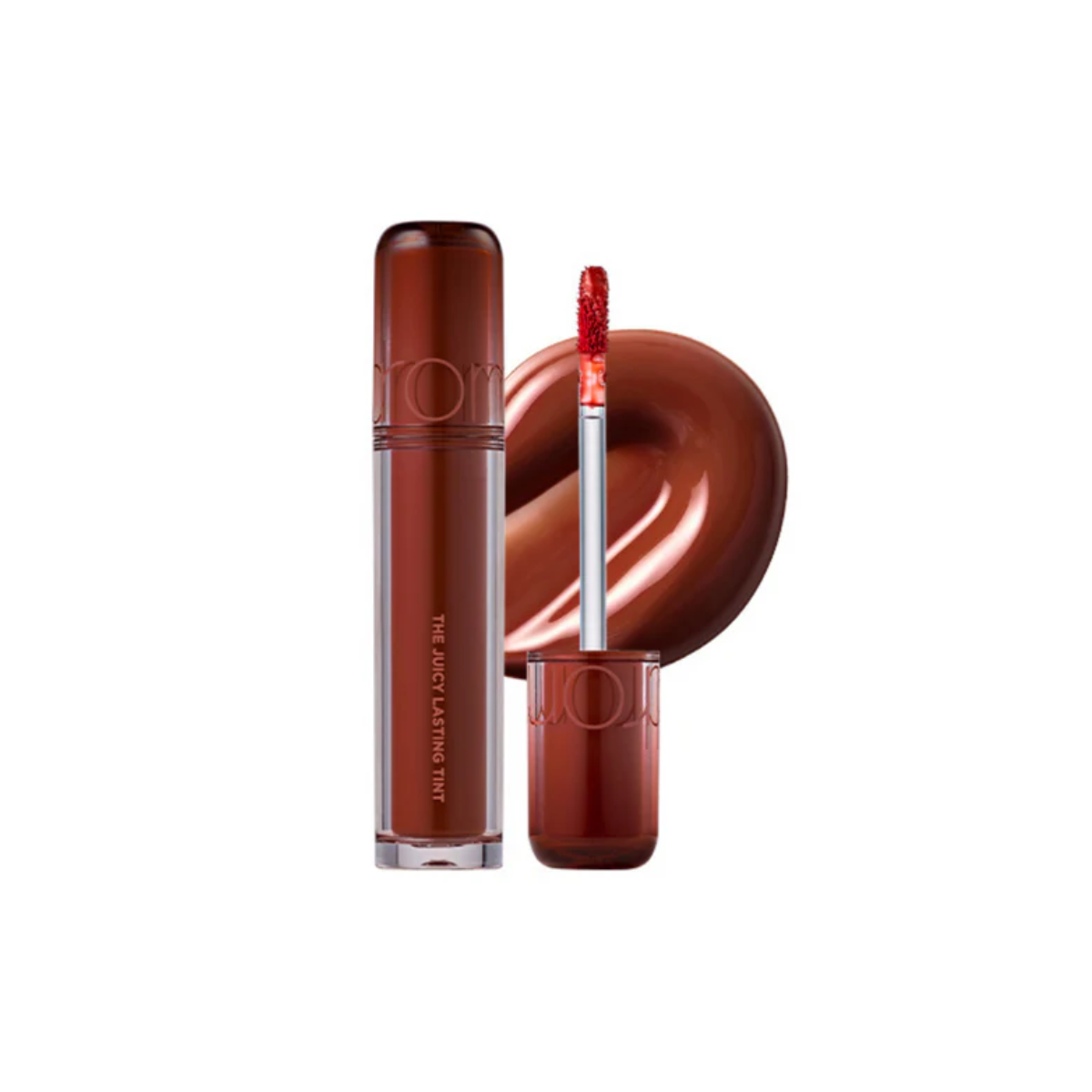 Rom&nd Juicy Lasting Tint lip tint in a vibrant color, shown in a sleek tube with the applicator visible.