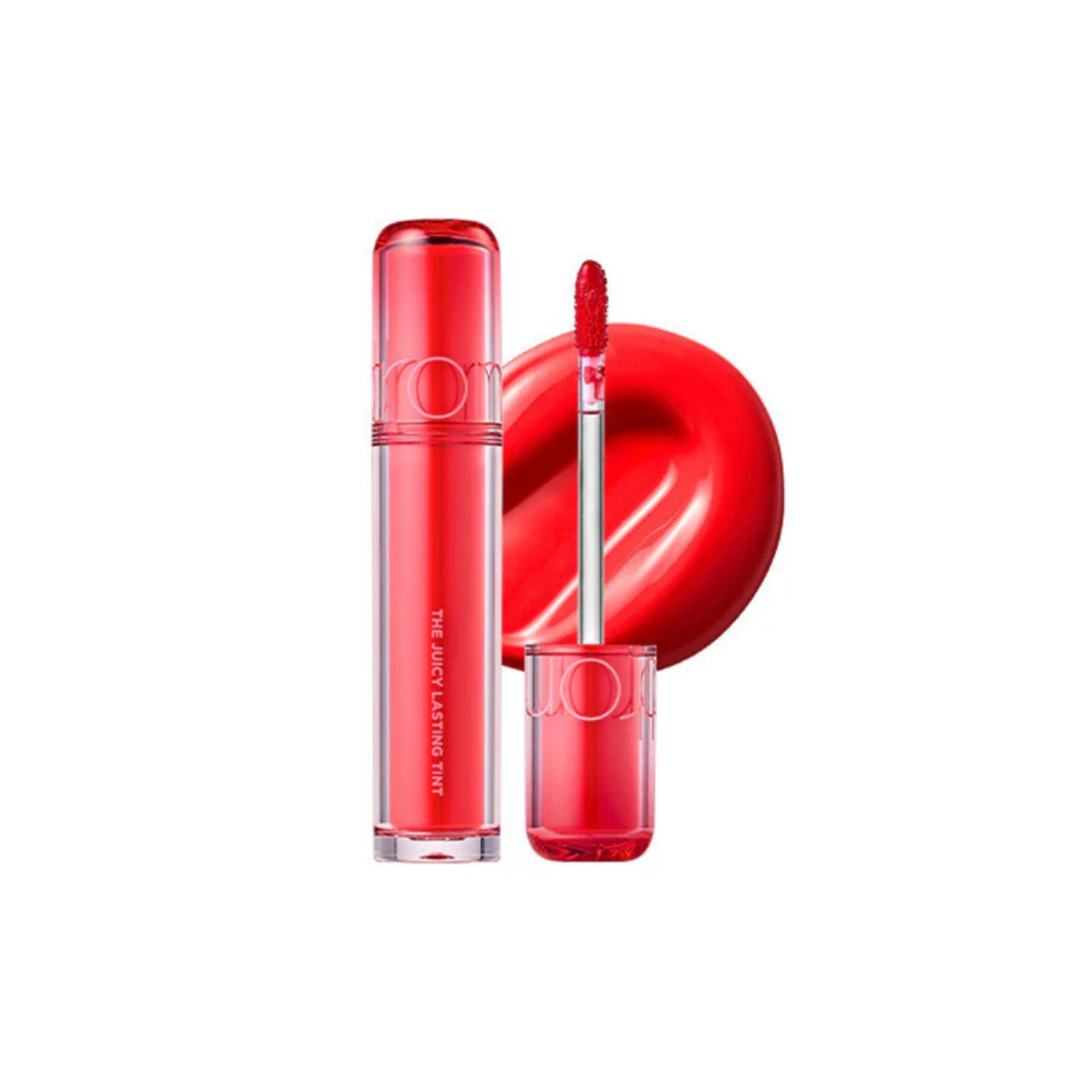 Rom&nd Juicy Lasting Tint lip tint in a vibrant shade, showcasing the product tube and applicator on a white background.