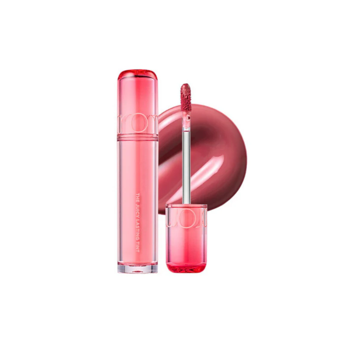 Rom&nd Juicy Lasting Tint lip tint applied on lips, showcasing vibrant color and smooth finish in a close-up shot.