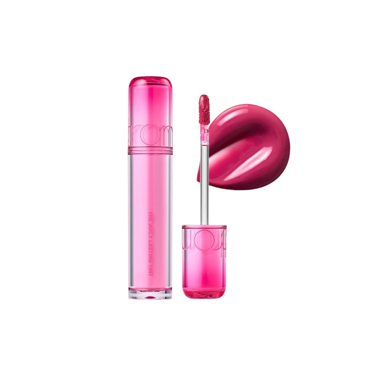 Rom&nd Juicy Lasting Tint lip tint in a sleek tube with applicator, showcasing vibrant color and glossy finish.
