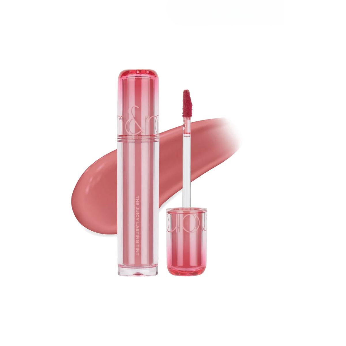 Rom&nd Juicy Lasting Tint lip tint in a vibrant shade, showcasing smooth application on lips with a glossy finish.