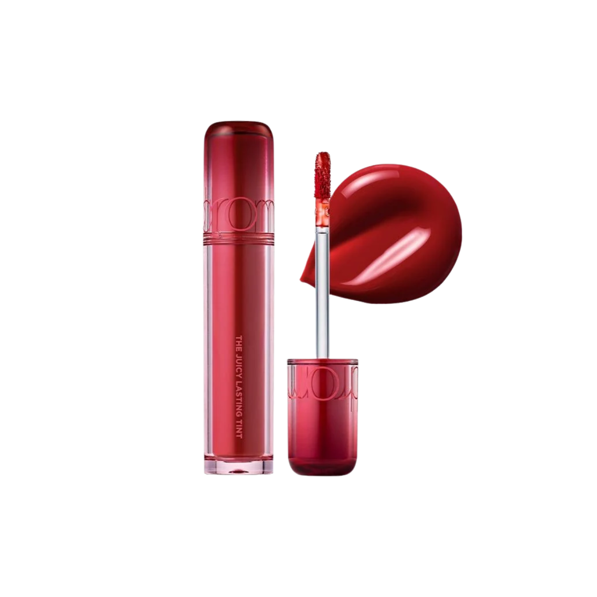 Rom&nd Juicy Lasting Tint lip tint in vibrant shade, showcasing its smooth application and glossy finish on lips.