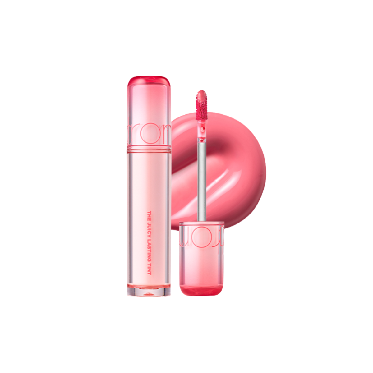 Rom&nd Juicy Lasting Tint lip tint in a sleek tube, showcasing vibrant color and smooth texture for natural, long-lasting lip wear.