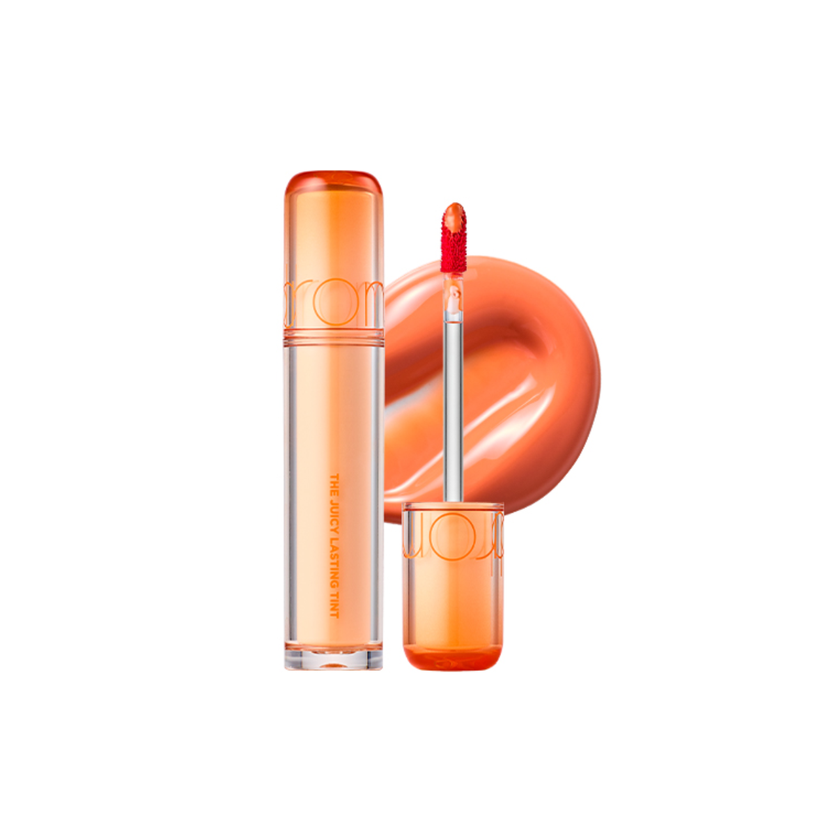 Rom&nd Juicy Lasting Tint lip tint in a sleek tube, featuring vibrant color and applicator for easy, long-lasting lip color application.