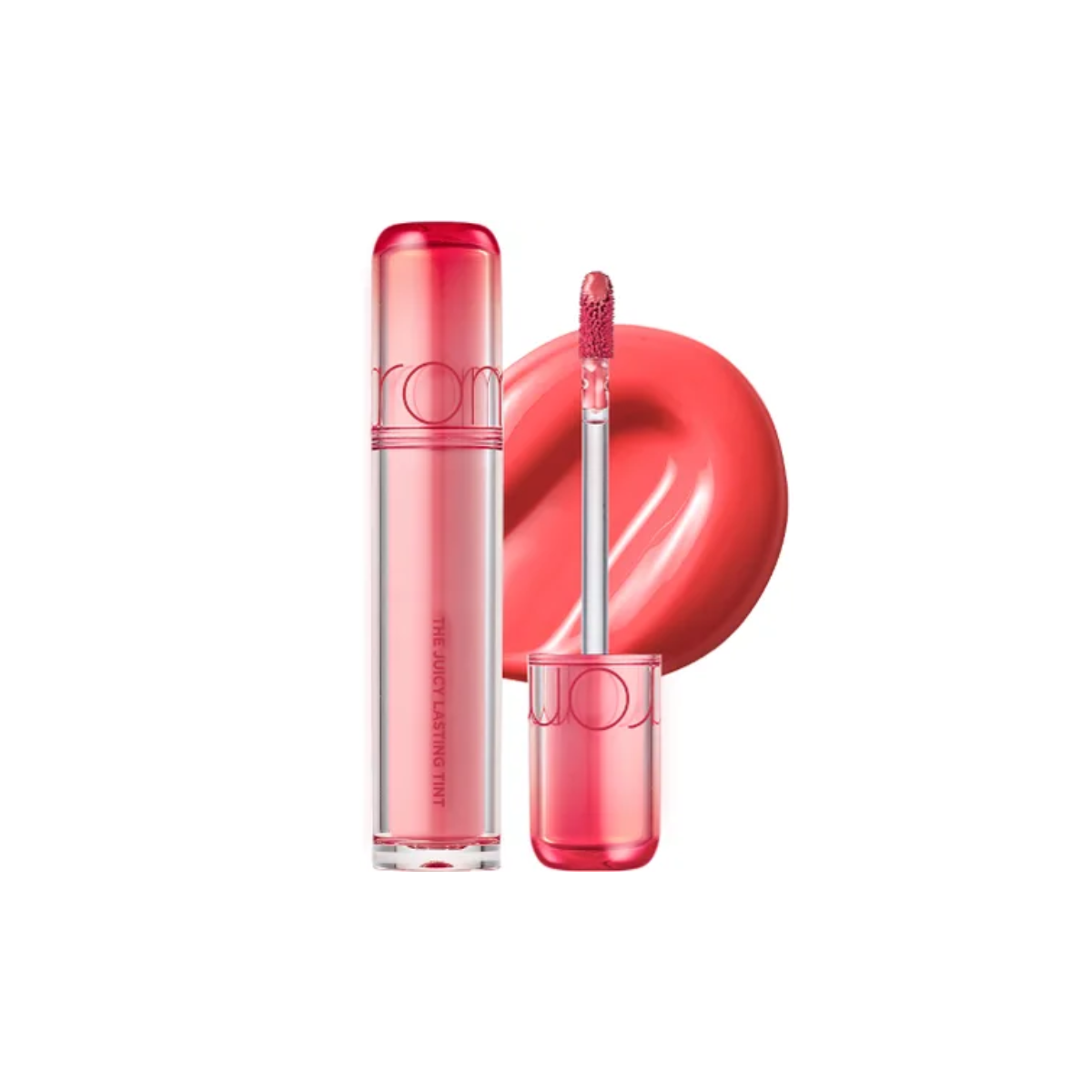 Rom&nd Juicy Lasting Tint lip tint in a sleek tube with applicator, showcasing vibrant color and glossy finish.